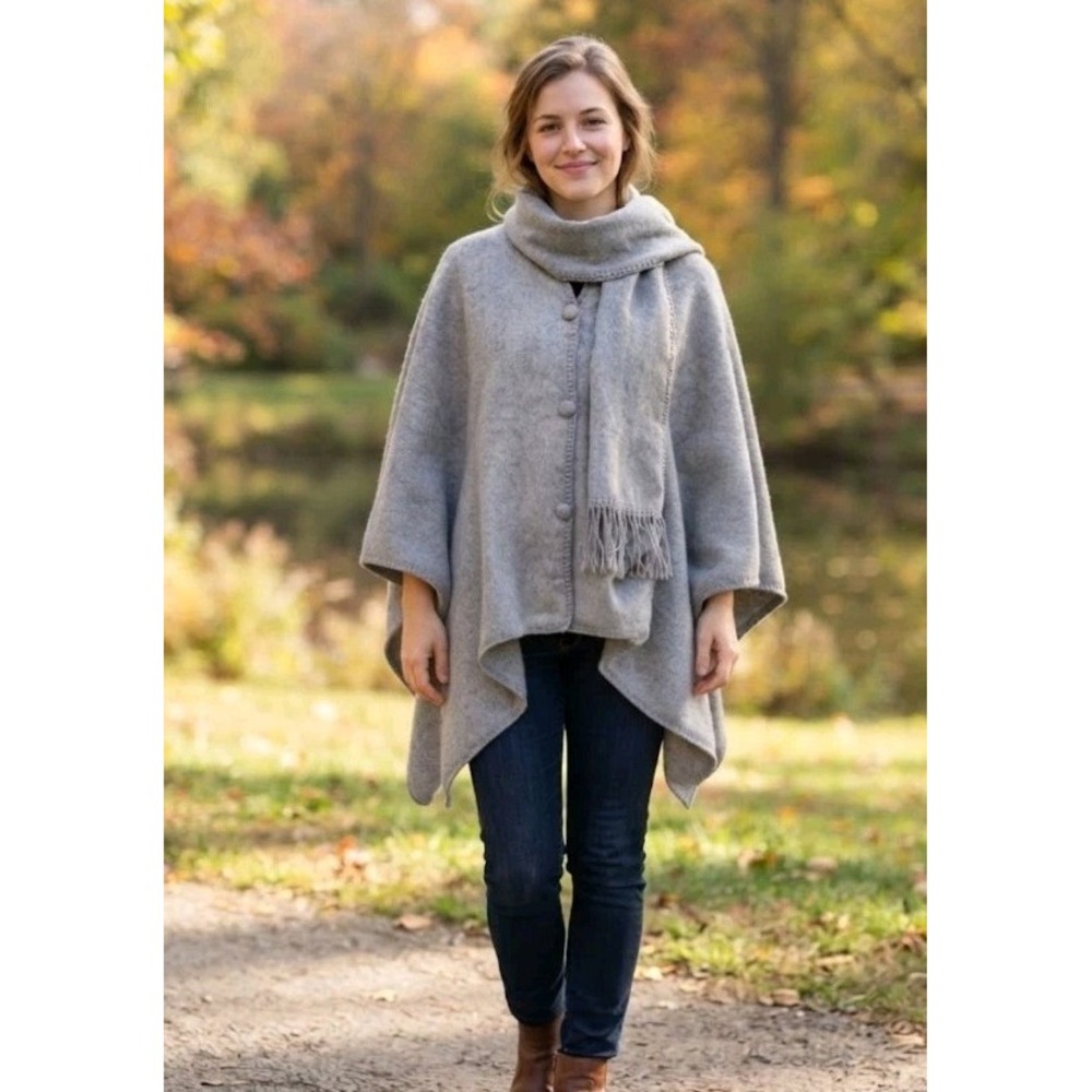 Simply Natural Alpaca Wool Blend Gray Poncho Cape Coat Scarf Fringe One Size